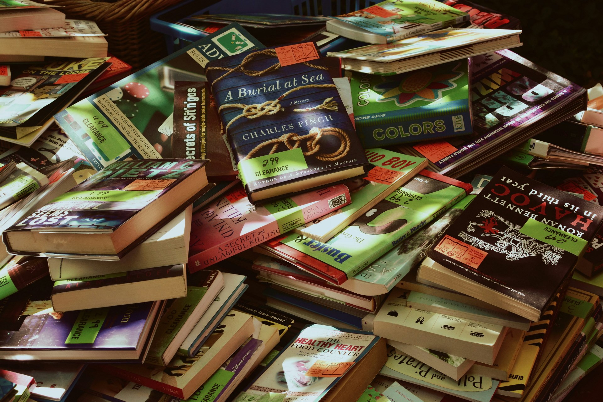 A large, vast pile of books scattered with the covers viewable.