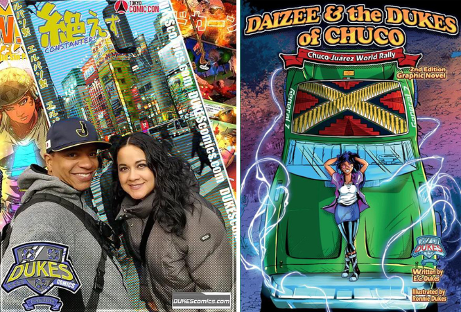 Two photos together - the left is of EC and her partner Ronnie in front of their books at ComicCon, and the right is the cover of their latest grpahic novel, "Daizee and the Dukes of Chuco: Chuco-Juárez World Rally"