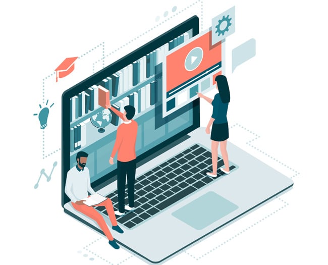 A cartoon laptop with human figures studying, reading, and working on it as if it were a library.